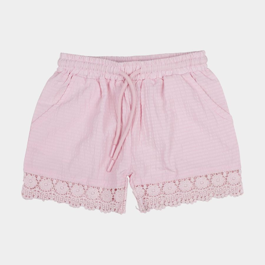 Girls' Pink Lace Hem Elastic Waist Shorts, हल्का गुलाबी, large