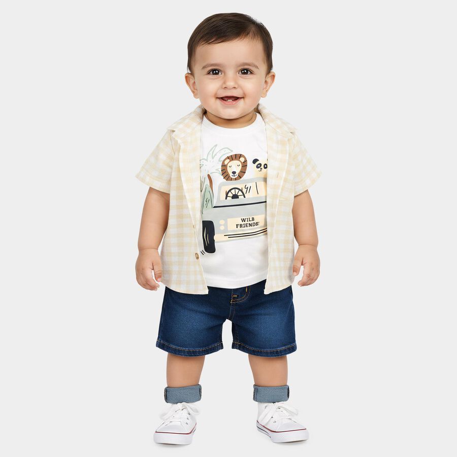 Infants Beige Cotton Half Sleeve Collared Casual Shirt, Beige, large