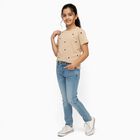 Girls Light Beige Round Neck Casual T-Shirt, Beige, small