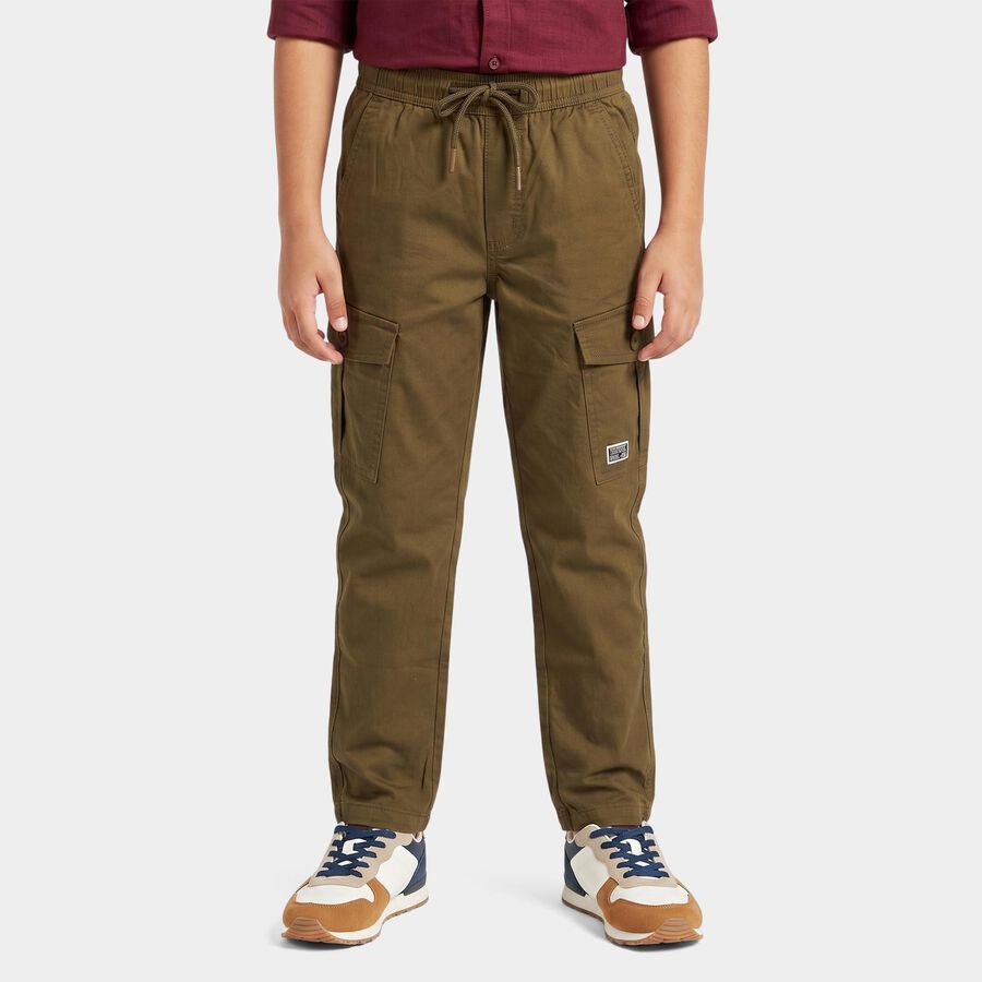 Boys' Olive Green Regular Fit Cargo Trousers, ओलिव, large