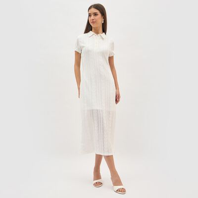 Women's Bright White Collared Classic Midi Dress