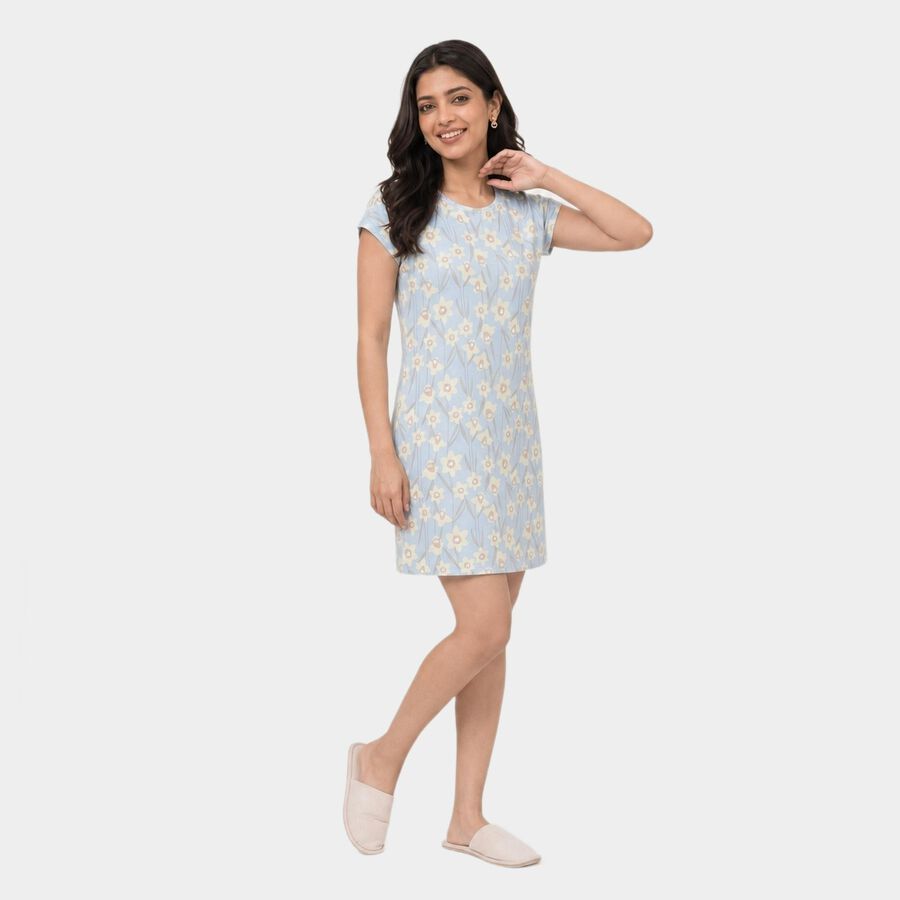 Women's Light Blue Round Neck T-Shirt Style Nighty, हल्का नीला, large