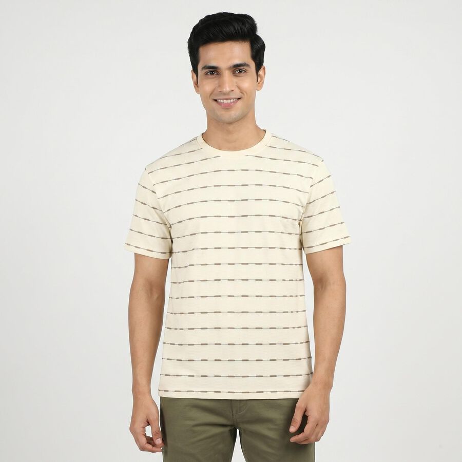 Men's Cream Round Neck Regular T-Shirt, ऑफ व्हाइट, large