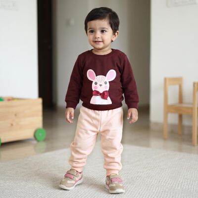 Infant's Wine and Peach Round Neck Graphic Printed Hipster Set