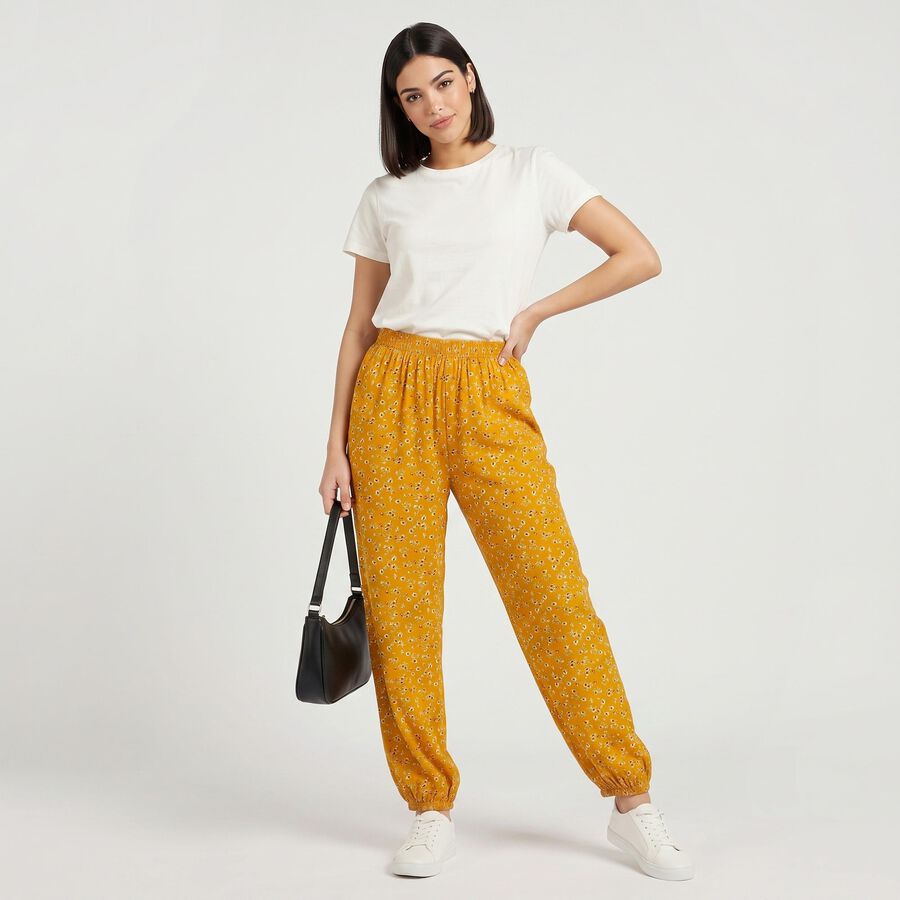 Women's Yellow Floral Printed Harem Pants, Yellow, large
