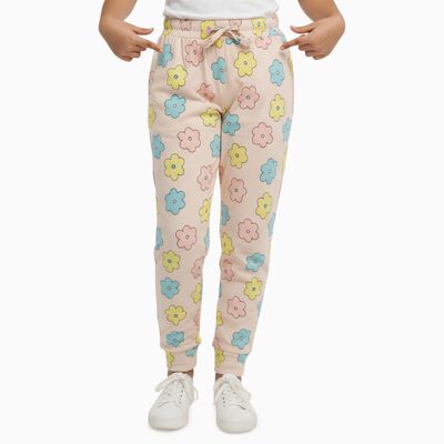 Girls Light Beige Floral Printed Cotton Blend Pyjama