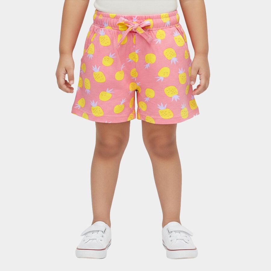 Girls' Bright Pink Pineapple Print Cotton Shorts, हल्का गुलाबी, large