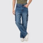 Men's Blue Relaxed Fit Cargo Jeans, गहरा नीला, small