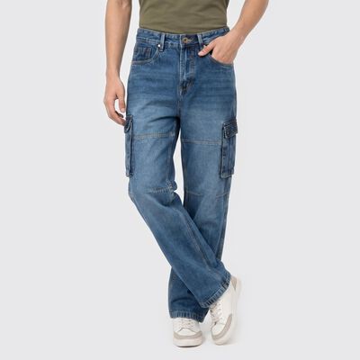Men's Blue Relaxed Fit Cargo Jeans