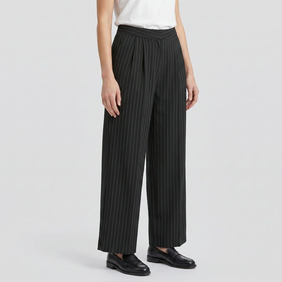 Women's Black Wide Leg Pinstriped Trousers, Black, large