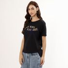 Women's Jet Black Cotton Round Neck Casual T-Shirt, काला, small image number null