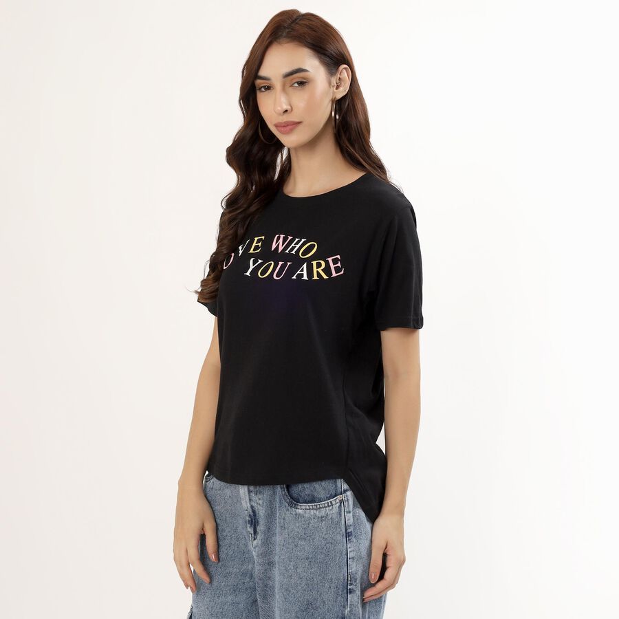 Women's Jet Black Cotton Round Neck Casual T-Shirt, काला, large image number null