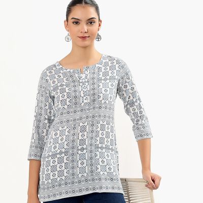 Women's Dark Blue Round Neck Printed Kurti