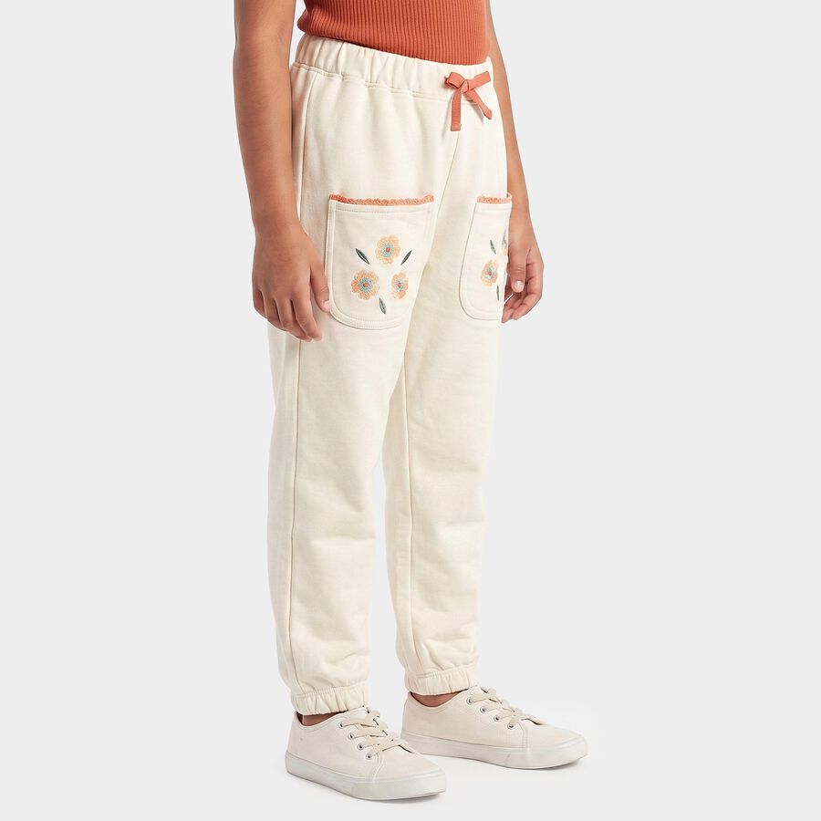 Girls' Off White Jogger Fit Floral Embroidered Cotton Pyjama, Off White, large