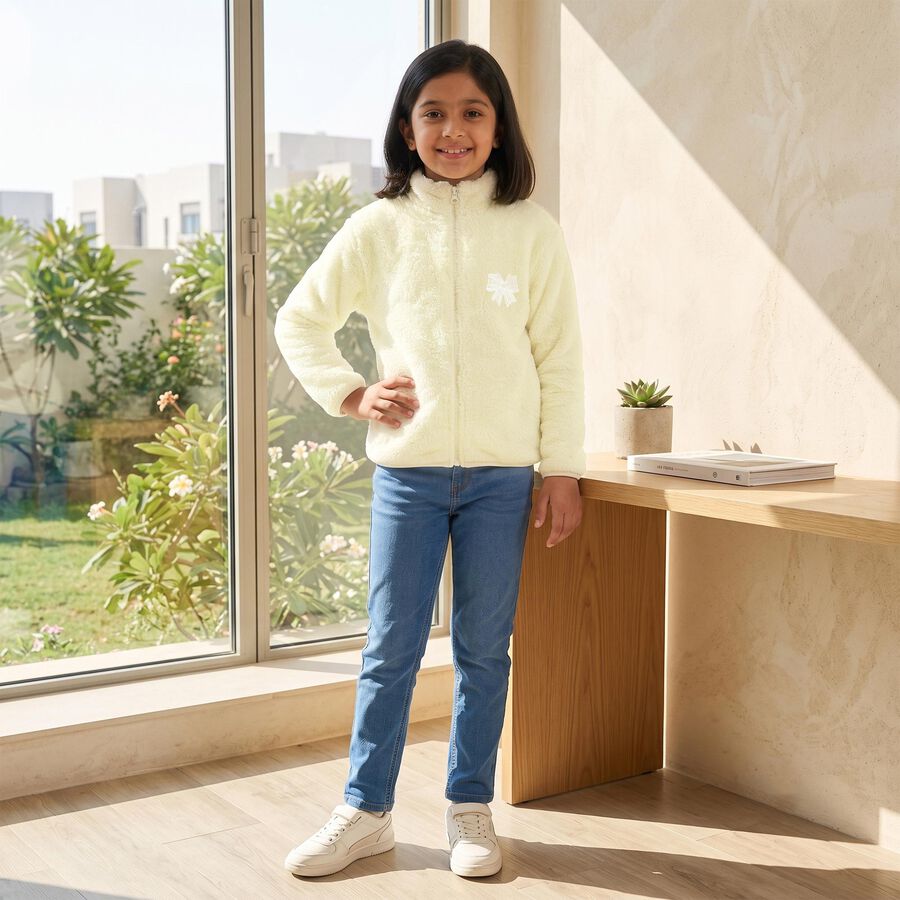 Girls' Cream High Neck Zip-Up Sweatshirt, ऑफ व्हाइट, large