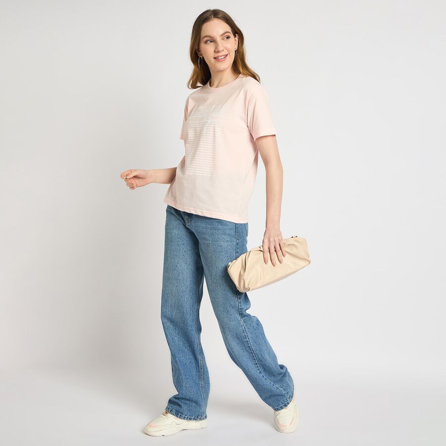 Ladies'  Stripes Round Neck T-Shirt, Light Pink, large
