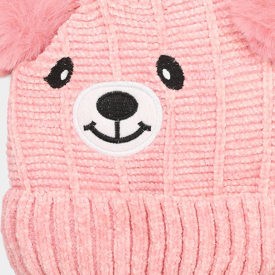 Girls' Pink Embroidered Bear Beanie Cap, Light Pink, large
