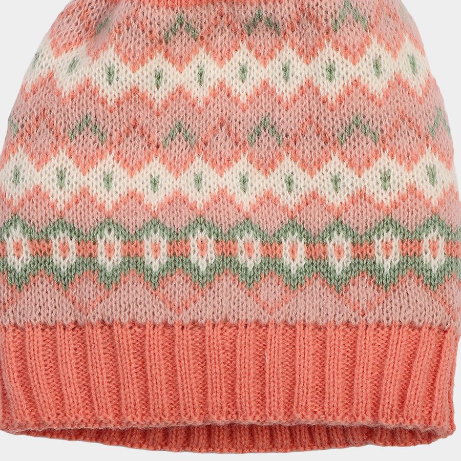 Girls' Pink Pom-Pom Beanie Cap, हल्का गुलाबी, large