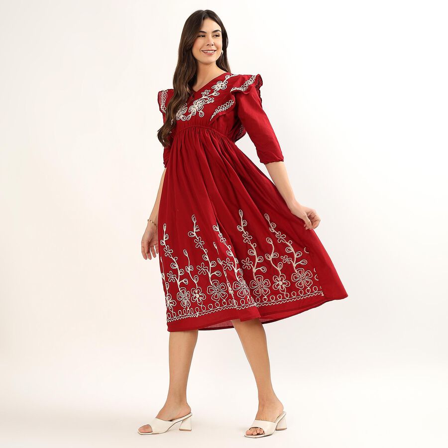 Women's Dusty Rose Pink Cotton V-Neck A-Line Floral Print Dress, मरून, large