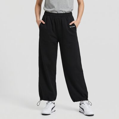 Women's Black Relaxed Fit Drawstring Hem Jogger Track Pants