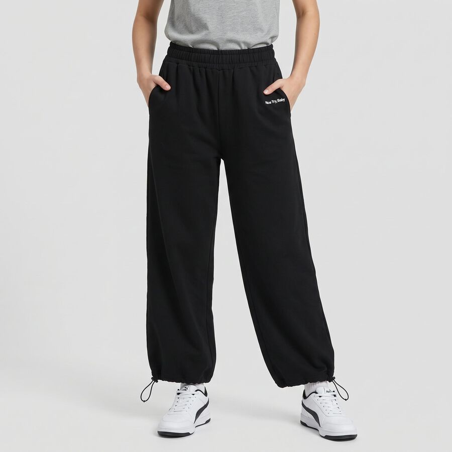 Women's Black Relaxed Fit Drawstring Hem Jogger Track Pants, काला, large