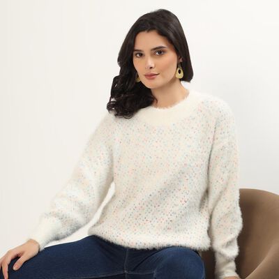 Women's Off White Crew Neck Casual Pullover