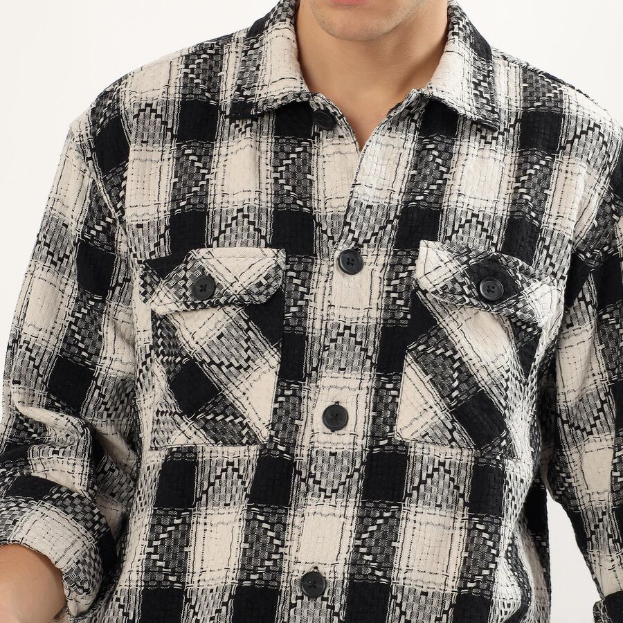 Men's Black and White Checked Spread Collar Casual Shirt, Off White, large