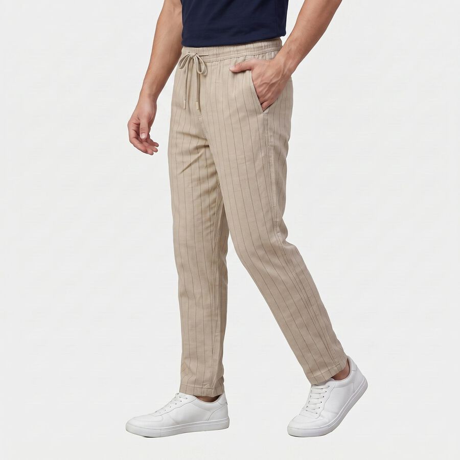 Men's Light Grey Slim Fit Pinstriped Casual Trousers, Light Grey, large