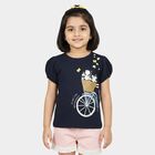 Girls Navy Blue Cotton Round Neck Casual Printed T-Shirt, Navy Blue, small