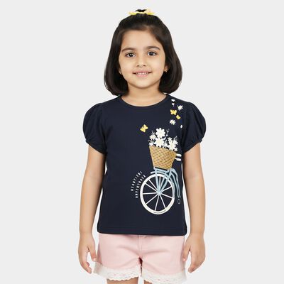 Girls Navy Blue Cotton Round Neck Casual Printed T-Shirt