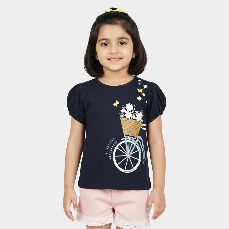 Girls Navy Blue Cotton Round Neck Casual Printed T-Shirt, Navy Blue, large