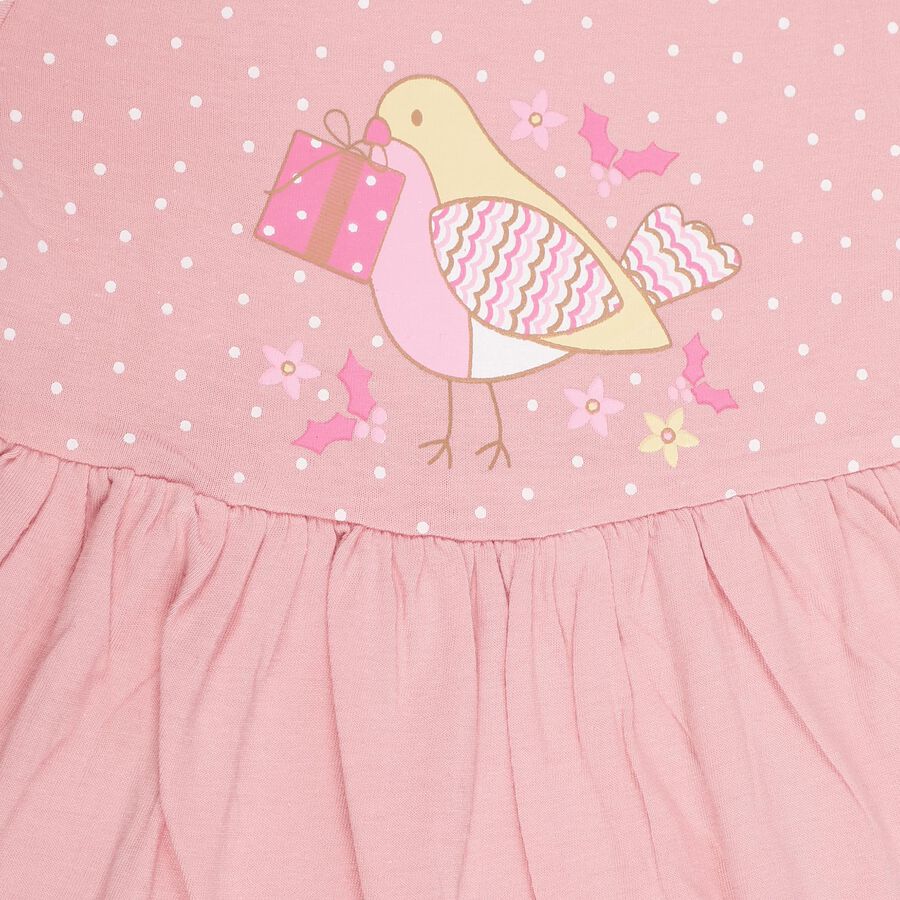 Infants' Soft Pink Polka Dot and Bird Print Long Sleeve Frock, हल्का गुलाबी, large image number null