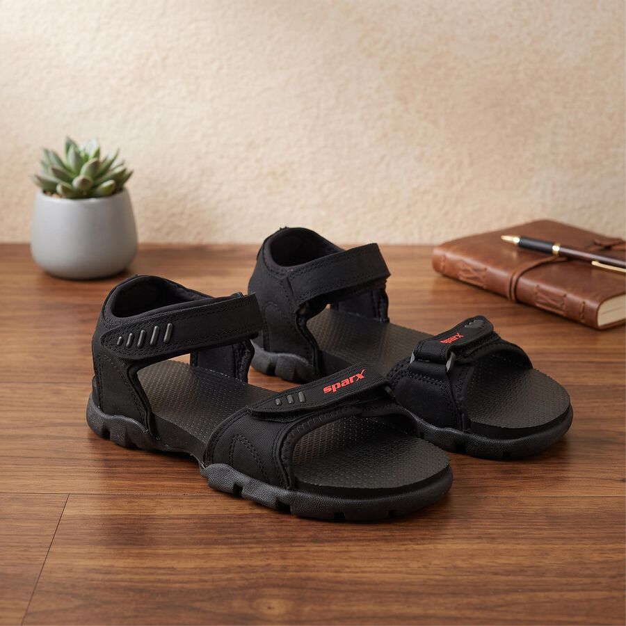 Men's Black Velcro Strap Strappy Sandals, काला, large