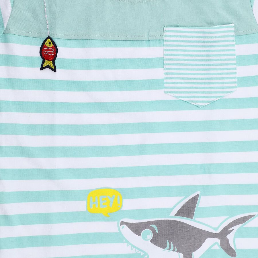 Boys Mint 100% Cotton Round Neck Striped Shark Printed Baba Suit, Light Green, large