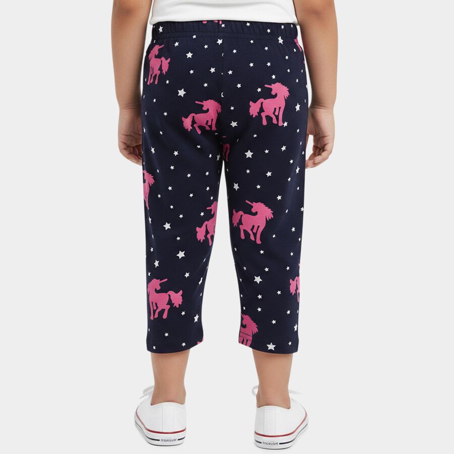 Girls' Navy Blue Regular Fit Unicorn Printed Cotton Capri, Navy Blue, large
