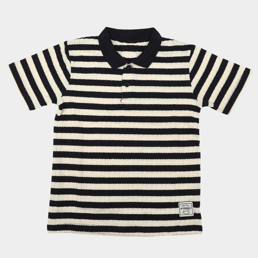 Boys' Navy Blue Polo Neck Striped Polo T-Shirt, Navy Blue, large