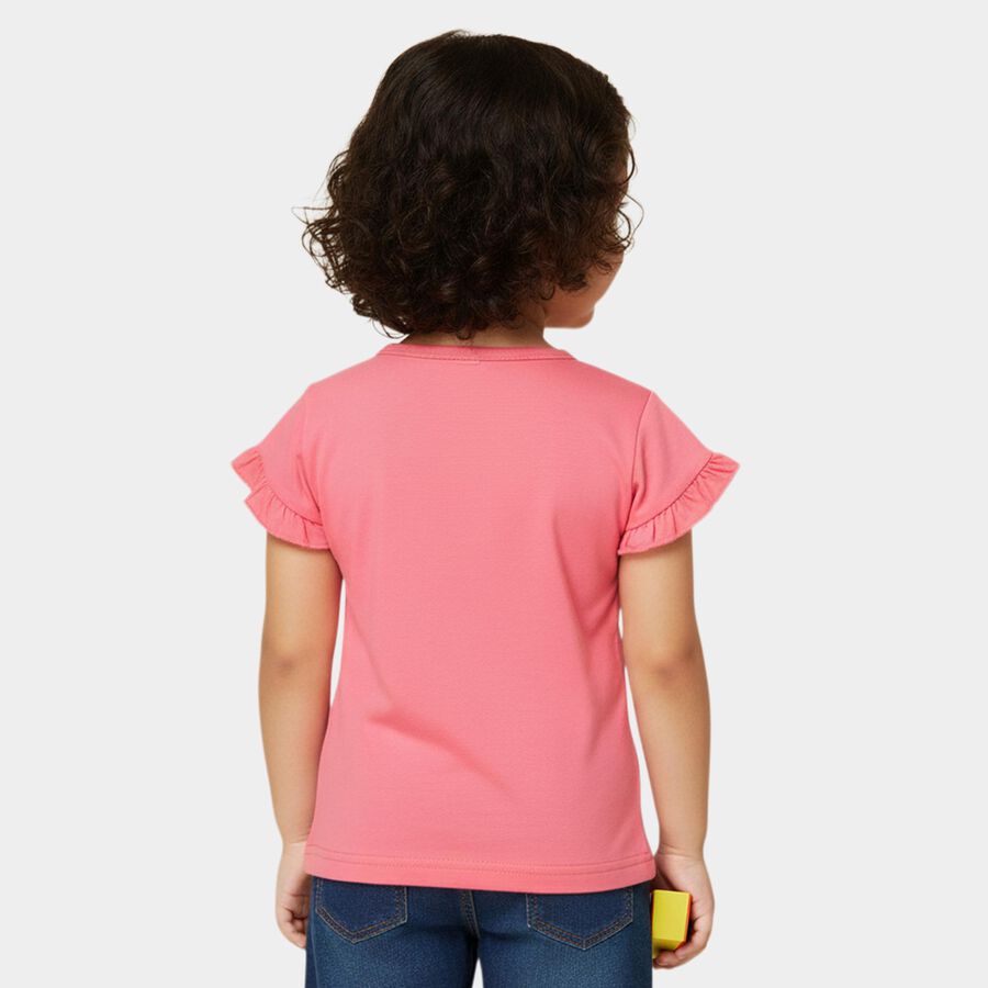 Girls' Pink Cotton Round Neck Romantic T-Shirt, Pink, large