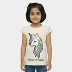 Girls' Pink Cotton Round Neck Unicorn Printed T-Shirt, हल्का गुलाबी, small