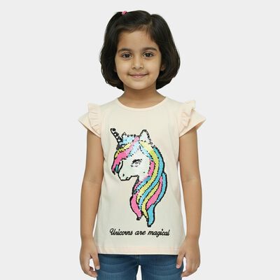 Girls' Pink Cotton Round Neck Unicorn Printed T-Shirt