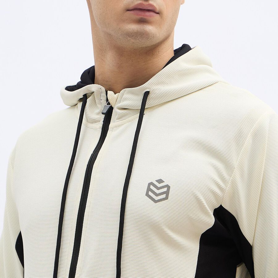 Men's Light Beige and Black Hooded Athleisure Jacket, Beige, large image number null