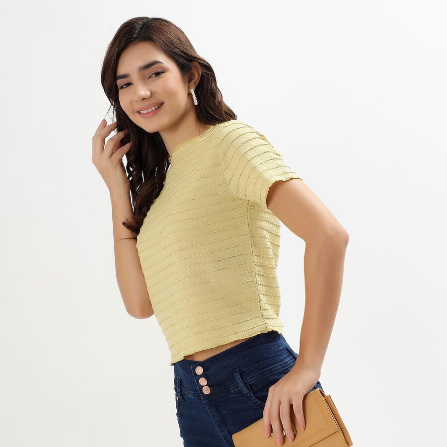 Ladies' Light Yellow Round Neck Casual Crop Top, खाकी, large