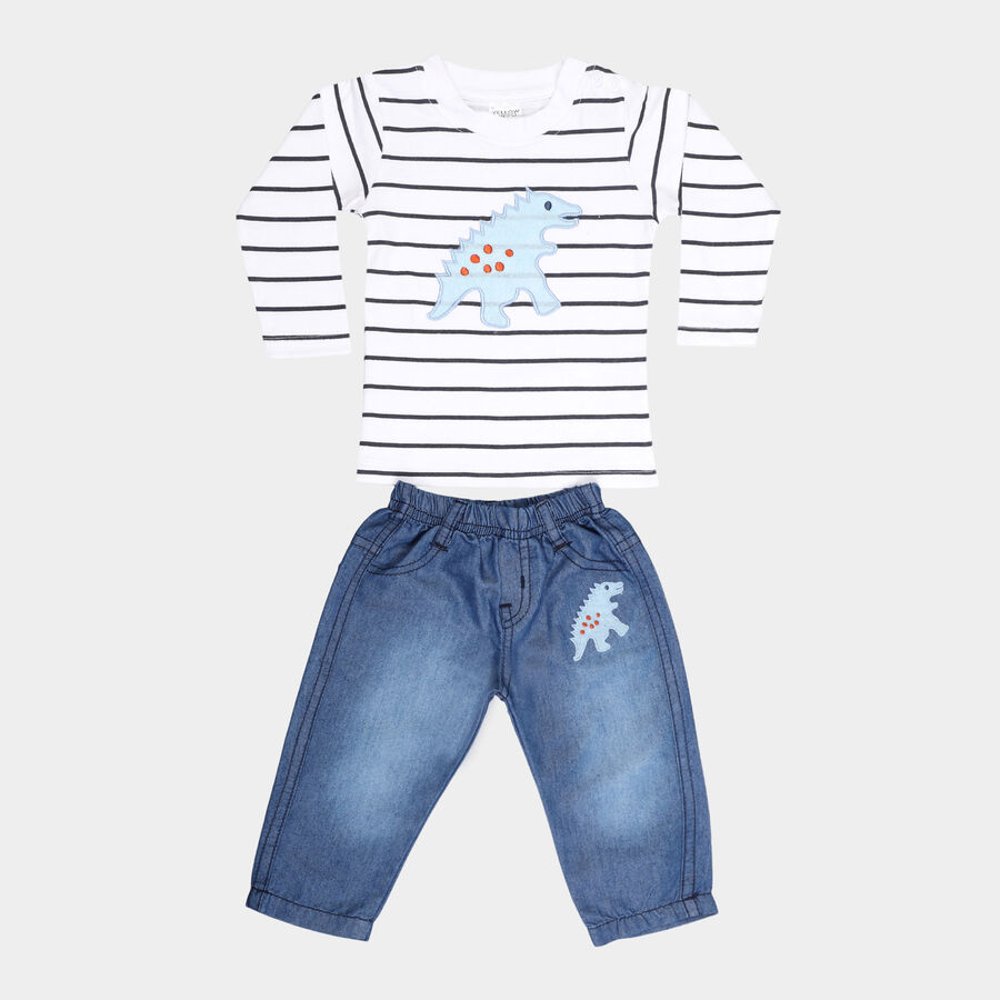 Infants Cotton Stripes Baba Suit, White, large image number null