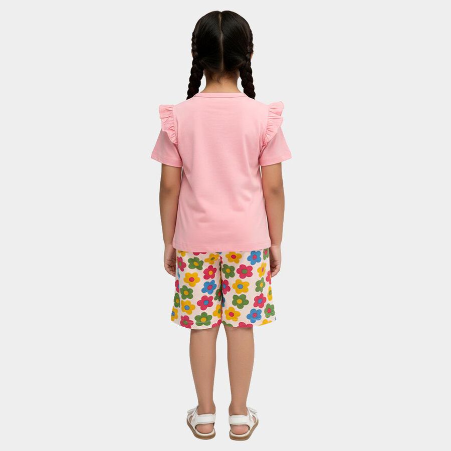 Girls' Pink Cotton Crew Neck Printed Top and Shorts Set, हल्का गुलाबी, large