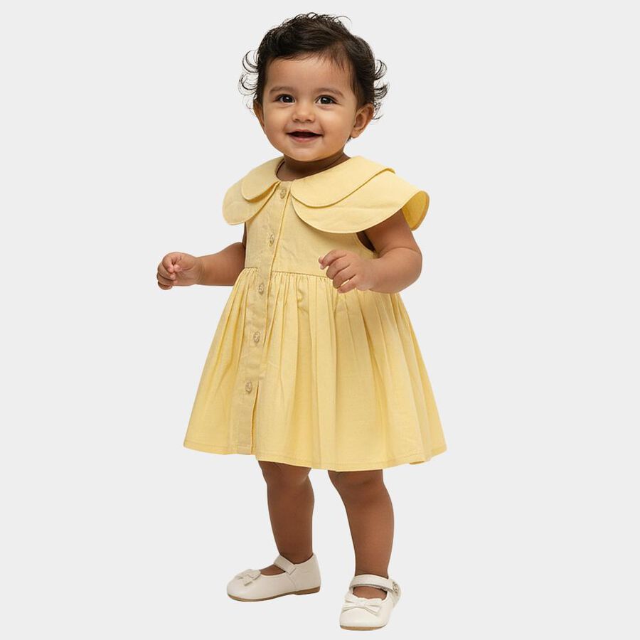 Infants' Light Yellow Cotton Peter Pan Collar Flared Frock, पीला, large