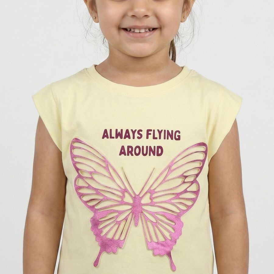 Girls Yellow Cotton Round Neck Regular T-Shirt, पीला, large