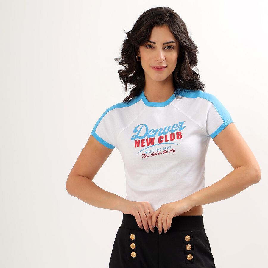 Women's White Cotton Round Neck Crop T-Shirt, White, large image number null