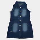 Girls' Blue Sleeveless Shirt Style Button Front Frock, मध्यम नीला, small