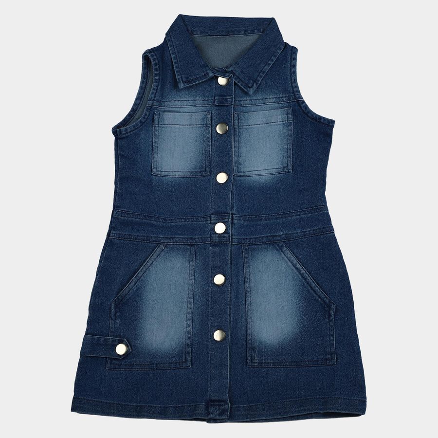 Girls' Blue Sleeveless Shirt Style Button Front Frock, मध्यम नीला, large
