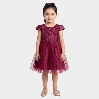 Girls' Wine Fit and Flare Embellished Party Wear Frock