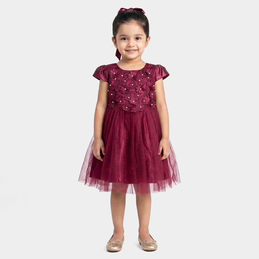 Girls' Wine Fit and Flare Embellished Party Wear Frock, Wine, large